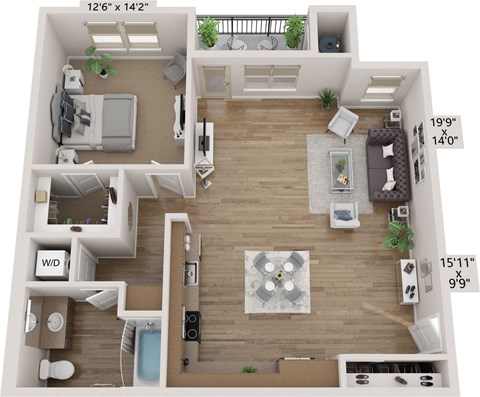 Floor plan for 1 bed, 1 bath, 919 sqft